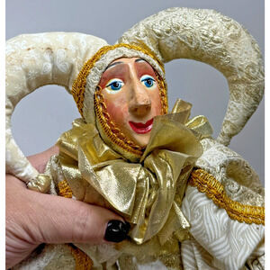Vintage 20" Handmade Russian Court Jester Harlequin Joker Doll Gold Fabric